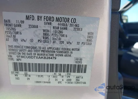 2010 Ford Escape Xlt z USA, uszkodzony, nr VIN 1FMCU0D7XAKB28479